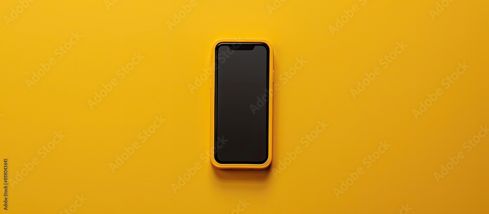Poster a mockup photo features a mobile phone seen from above on a yellow backdrop with copy space image