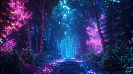 Obraz premium Enchanted Shadows, Night Forest Landscape with Magical Glows and Abstract Neon Lights, Creating a Dark Fairytale Fantasy Atmosphere