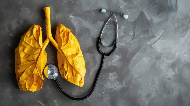 Top view of yellow paper lungs and stethoscope on gray background Commemorating World Tuberculosis Day World No Tobacco Day and diseases like lung cancer and COVID 19 Text space available