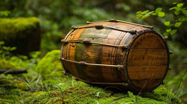 A dholak set against a solid moss background