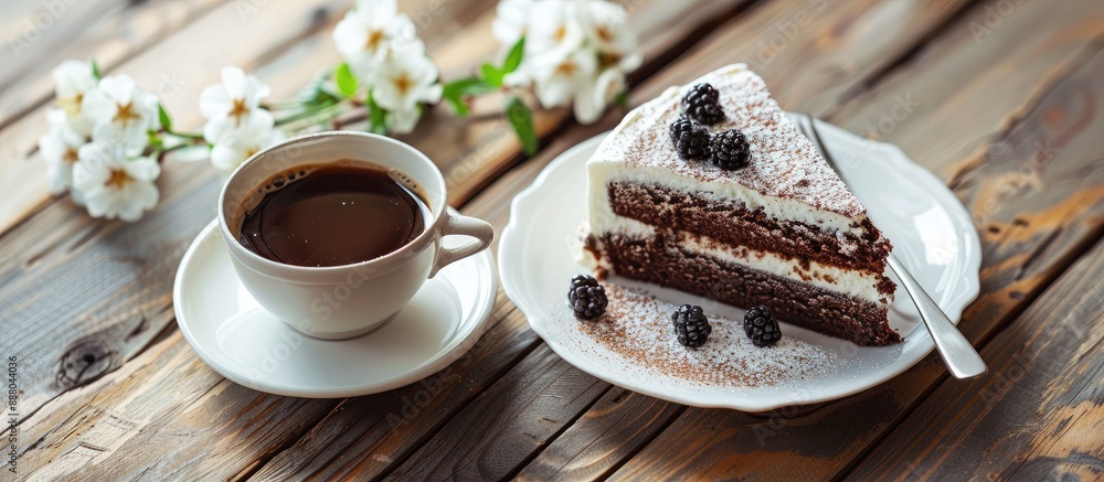 Poster table set with cake coffee and a copy space image