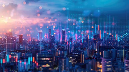 Fototapeta premium Market Pulse, Double Exposure of Business Chart and Cityscape Background, Illustrating the Intersection of Investment and Trading Concepts