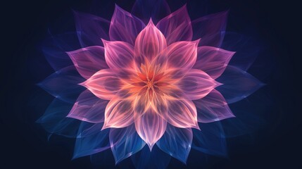 A vibrant digital illustration of a glowing mandala with layered petals in radiant pink, purple, and blue hues on a dark background.