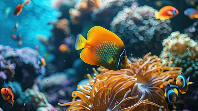 Close-up of exotic fish species in a tropical coral reef setting