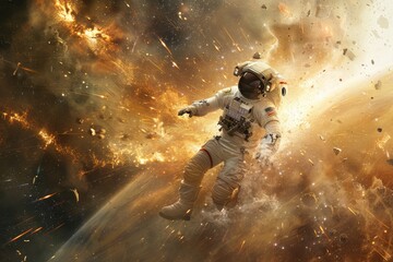 An astronaut narrowly escaping the gravitational pull of a collapsing star, with intense light, debris, and a sense of urgency and danger