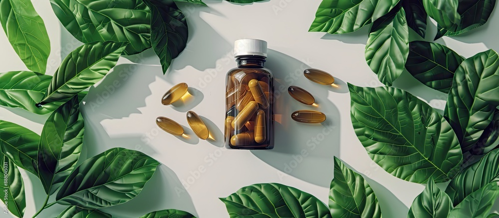 Poster top view mockup of a medicine bottle surrounded by green leaves representing natural organic bio sup