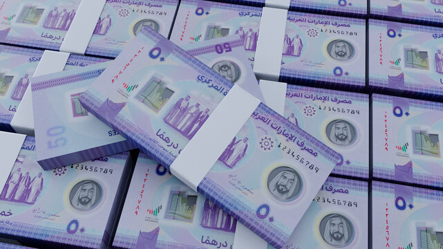 Stack of fifty dirhams Bills Background,  50 dirhams united arab emirates