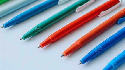 Fototapeta premium A set of pens with solid color bodies (green, blue, red), arranged neatly on a white surface