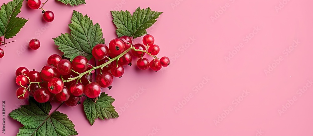 Poster pink background with copy space image featuring fresh red currant berry and leaves in a minimalist f