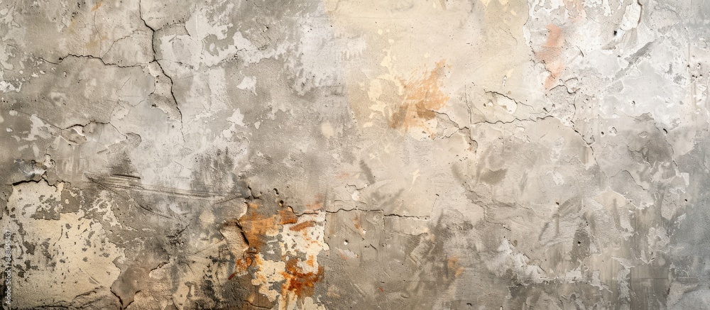 Poster background of textured gray stucco with scratches scuffs and stains provides a plaster backdrop for 