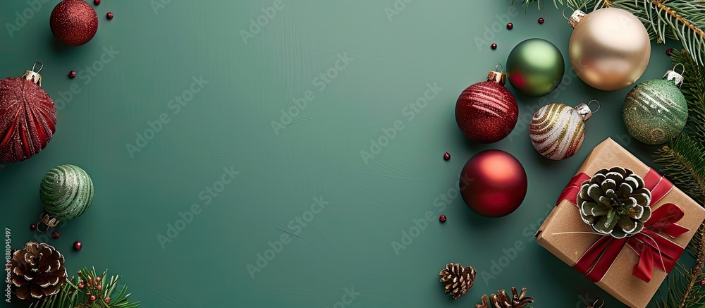 Poster overhead view of christmas ornaments a gift box on colored background with copy space image for a fe