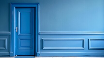 A simple classroom door painted in solid blue, with minimal decoration