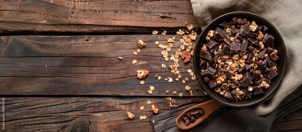 Poster muesli chocolate displayed on a wooden backdrop with a clear space for a copy space image