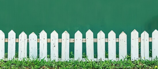 Front view of a short white picket fence made of simple painted wood on a green background serving as a design element with copy space image