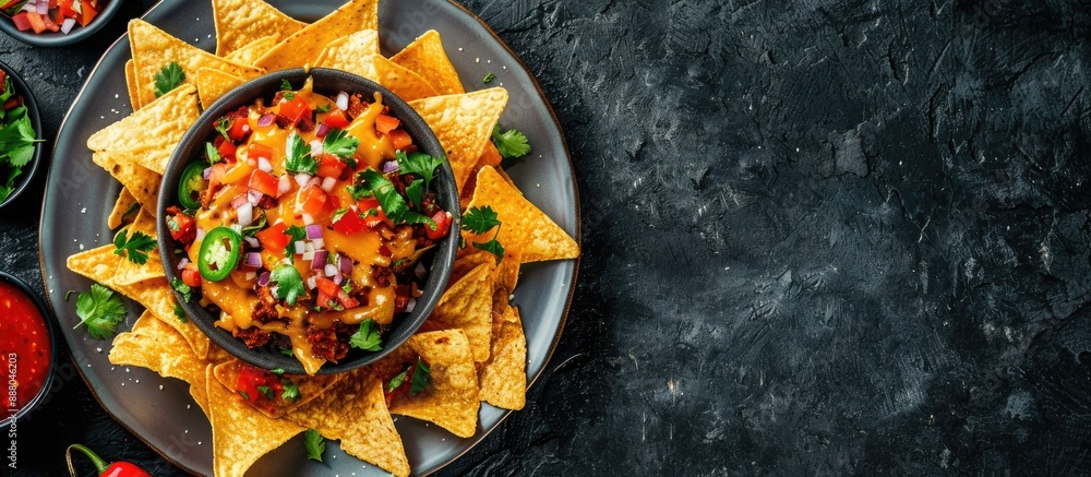 Poster top view of nachos on a gray plate with cheese salsa against a dark backdrop with room for a copy sp