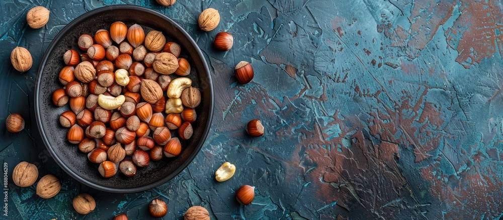 Poster close up of nuts and hazelnuts on a round black wooden plate placed on a rustic blue table with free
