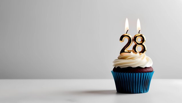 Gold Candle Number 28 on Blue Cupcake with Gray Background
