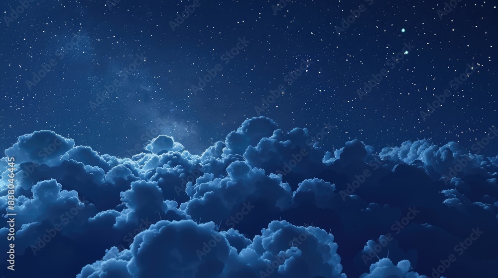 Poster voluminous clouds float ethereally in the darkness contrasting with the sparkling stellar backdrop o