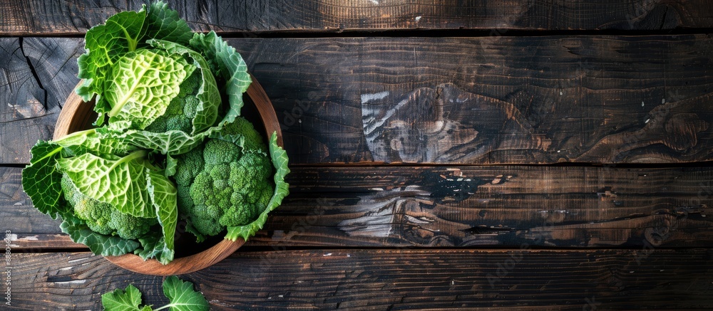 Poster top down view of a wooden background with a bowl filled with savoy cabbage creating an ideal copy sp