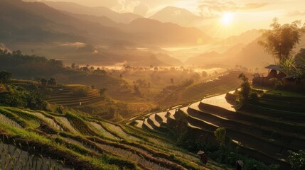 A close-up shot of hill tribe workers tending to terraced rice fields, with the background showing mountains and the golden light of sunset