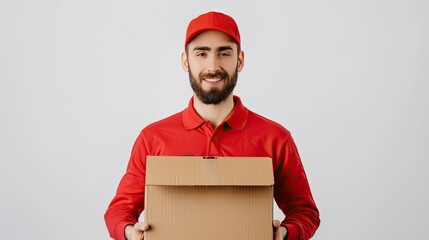 Positive delivery courier with parcel box, promoting reliable shipping service on white