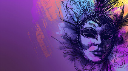 Mardi Gras Banner Simple Black Line Sketch on Festive Purple Background.