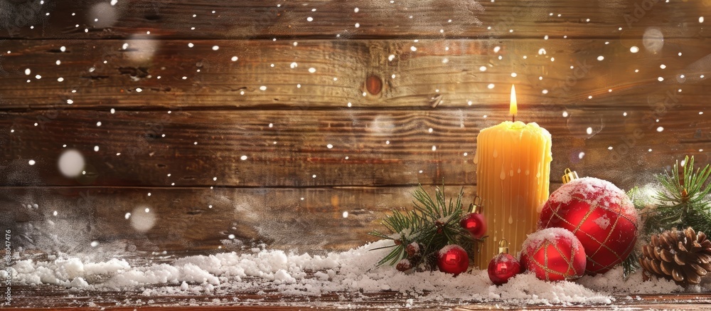 Canvas Prints Christmas decorations and a burning candle set against a snowy wooden backdrop with ample copy space image