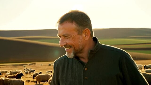 Man walking on a sheep ranch smiling