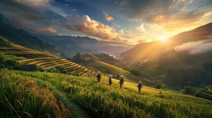 A photograph of hill tribe people working in terraced rice fields at sunset, with a background of majestic mountains