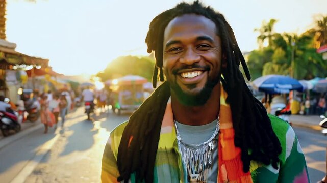 Man walking street smiling happy