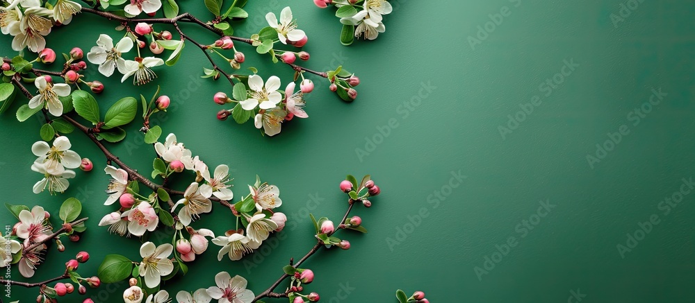 Poster minimal nature background with a creative layout featuring spring flowers of a fruit tree on a green