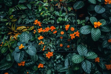 Serene botanical scene with dark green leaves and orange flowers, peaceful and natural, rich colors and textures, calming and elegant photography.