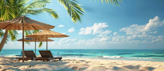 Obraz premium Beach resort with sunshades in the background of a copy space image