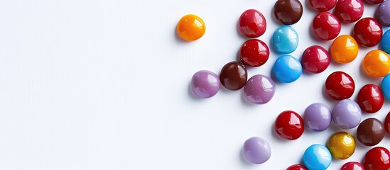 Obraz premium Colorful dragees displayed on a white background with copy space image