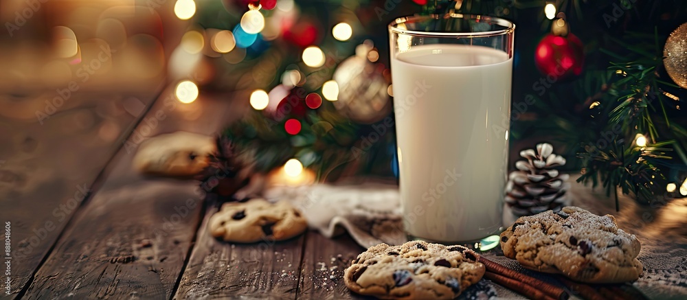 Poster providing milk and cookies for santa claus under the christmas tree with a blank space for your imag