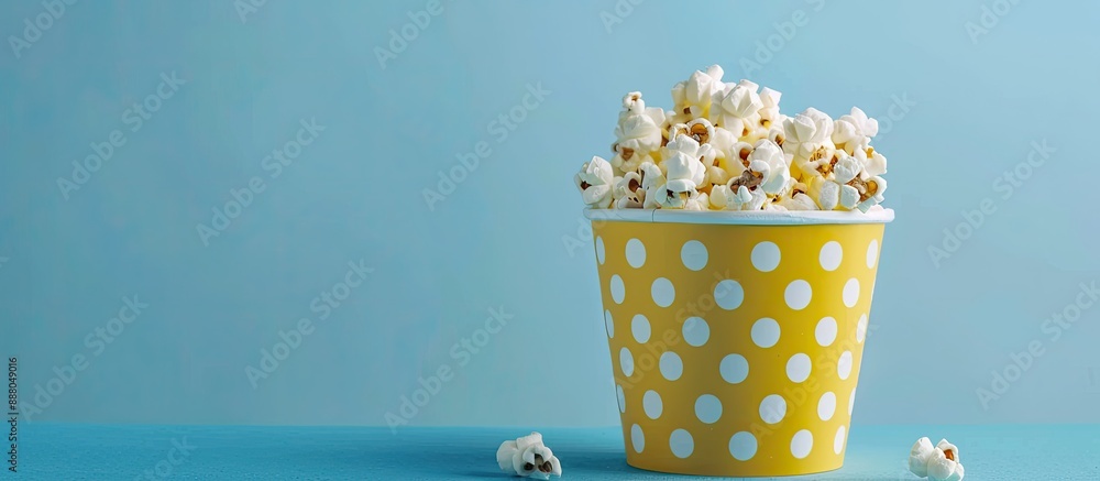 Aufkleber flat lay of delectable popcorn in a bucket against a blue backdrop with copy space image