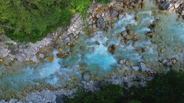 Aerial top view of river Triglavska Bistrica in Slovenian Alps. Forest ecosystem and health concept background. Nature scenery green forest with river