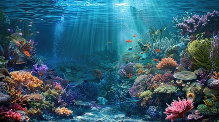 Obraz premium Underwater seascape with diverse marine life and coral