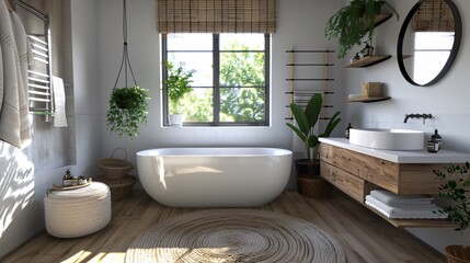 Tranquil Summer Oasis - 3D Render of Relaxing Bathroom Interior with Natural Materials and Spa Ambiance