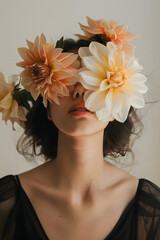 Naklejka premium A woman from shoulders up, her face adorned with exquisite flowers