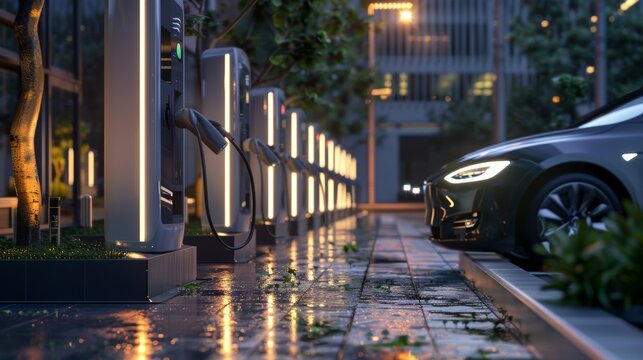 Sustainable city electric car charging station illuminated by soft led lighting at night offers a close look at energy efficient design in an urban environment
