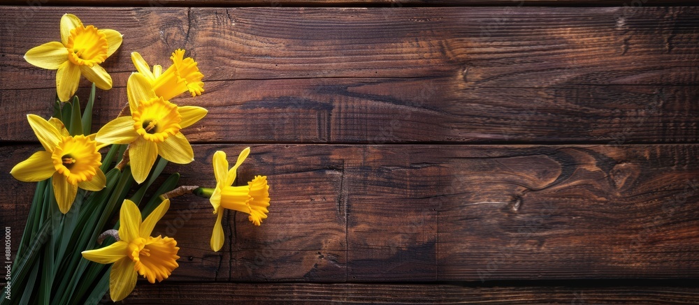 Aufkleber top view of stylish yellow daffodils on a wooden background perfect as a mother s day background sym