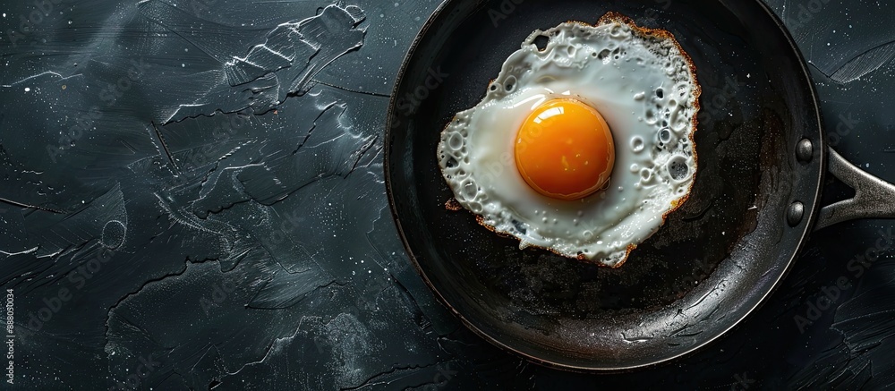 Poster breakfast scene with a fried egg on a frying pan with copy space image