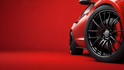 Engine oil and a disk on a red background characterize this modern car wheel. Poster for advertisements. poster promoting the sale 