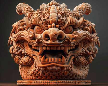 A 3D rendering of a highly detailed clay sculpture of a fierce-looking foo dog with intricate details.