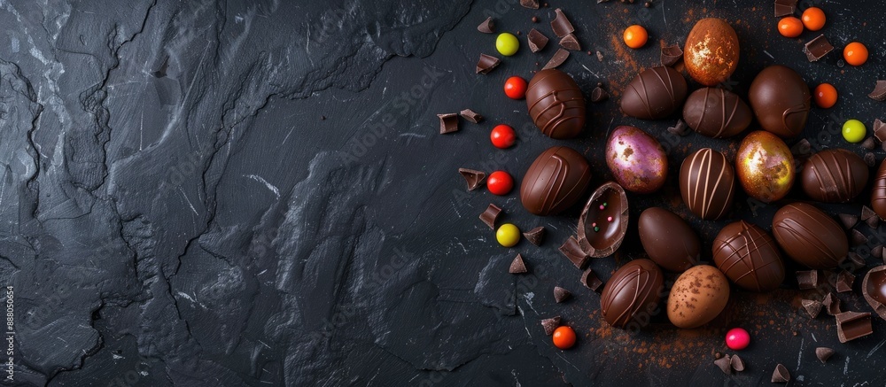 Poster colorful chocolate eggs some broken mixed with sweets on a dark marble perfect easter image with spa