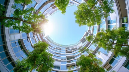 Eco-friendly building in a circular modern city showcasing an open air space above with sustainable glass office design featuring trees to reduce carbon dioxide and enhance the green environment