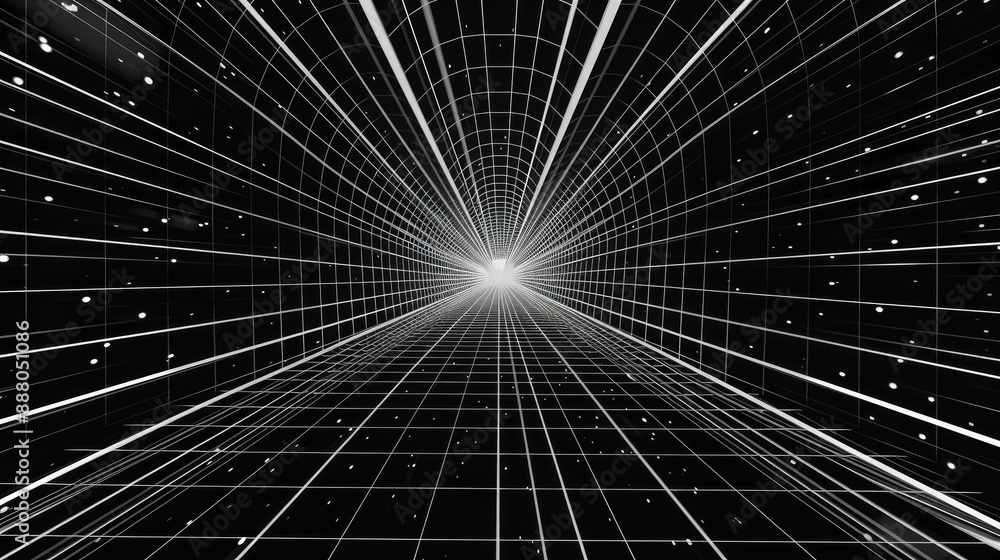Poster wireframe perspective meshes with bold angular forms in a sleek black and white homage to millennial