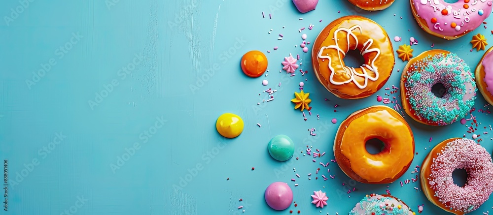Poster donuts in various colors with icing and decorations on a blue backdrop showcasing a vibrant and appe