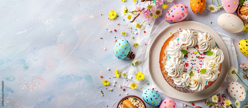 Poster easter cake eggs and holiday design on food background for happy easter menu concept in top view sty